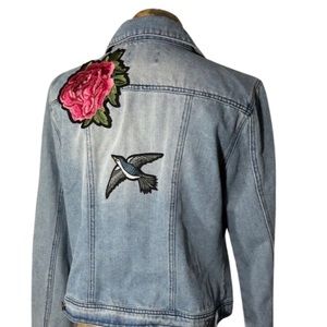 CI SONO Denim Embroidered Patch Floral Birds Jacket Size L